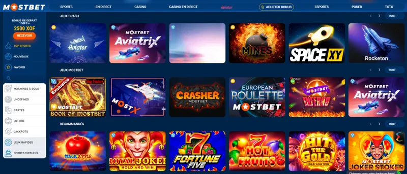 La page du casino en ligne sur le site du bookmaker MostBet en Côte d'Ivoire