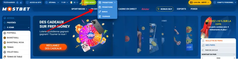 La section des codes promotionnels sur le site web de MostBet